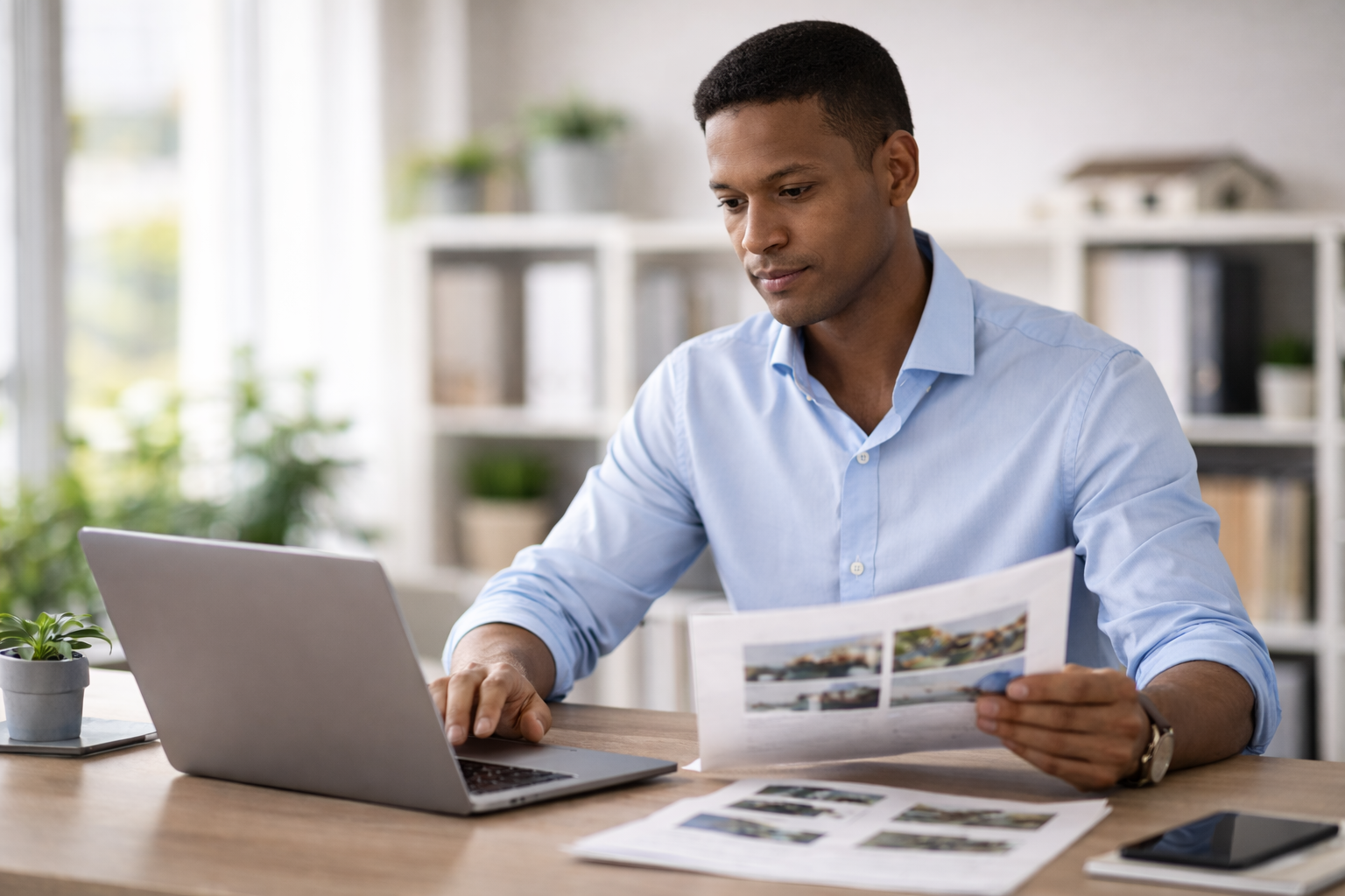 Real estate agent reviewing listings and planning marketing strategy