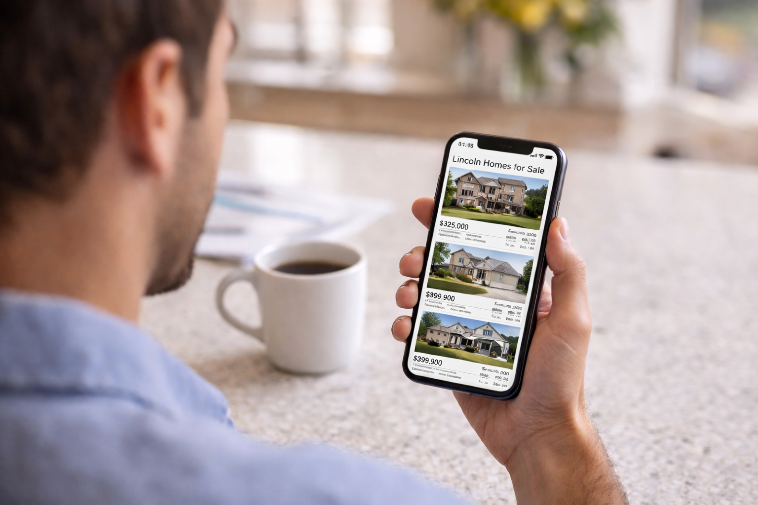 male-looking-at-phone-for-lincoln-homes-for-sale